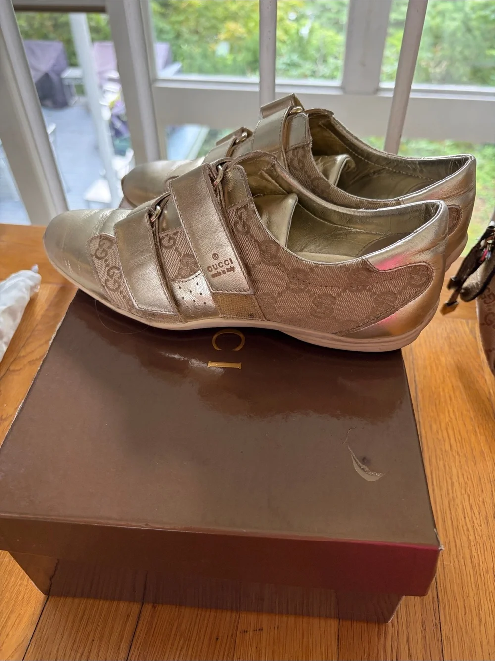 GucciGold Silver Metallic Velcro GG Canvas Sneakers